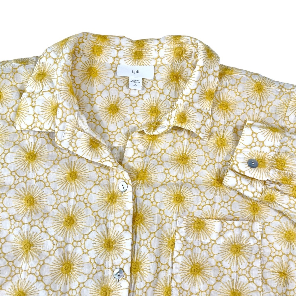 J. Jill M Tall Yellow White Floral Embroidered Button Down Shirt Boho Cottage